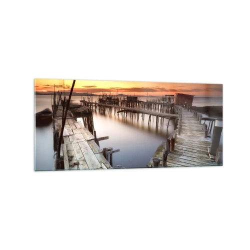 Quadro su vetro - Pontili in legno su acque calme al tramonto - 120x50cm - Autentico, non una finzione turistica - Decorazione murale moderna per soggiorno e camera da letto ARTTOR