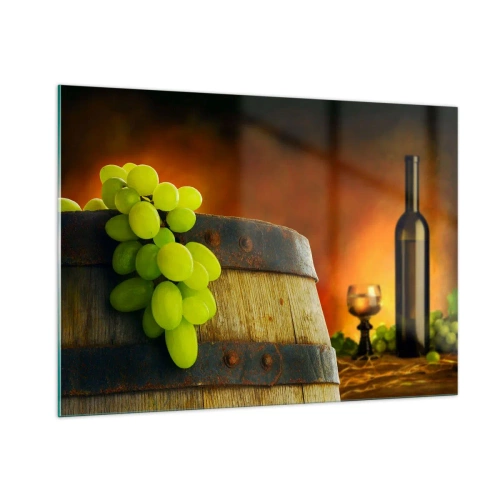 Quadro su vetro - Uva su una botte in un ambiente rustico con vino sullo sfondo - 100x70cm - Natura morta con bottiglia di vino e acini d'uva - Decorazione murale moderna per soggiorno e camera da letto ARTTOR