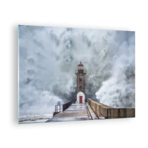 Quadro su vetro - Un faro viene colpito da un'onda potente. - 70x50cm - Fragore delle acque, rumore di tempesta - Decorazione murale moderna per soggiorno e camera da letto ARTTOR