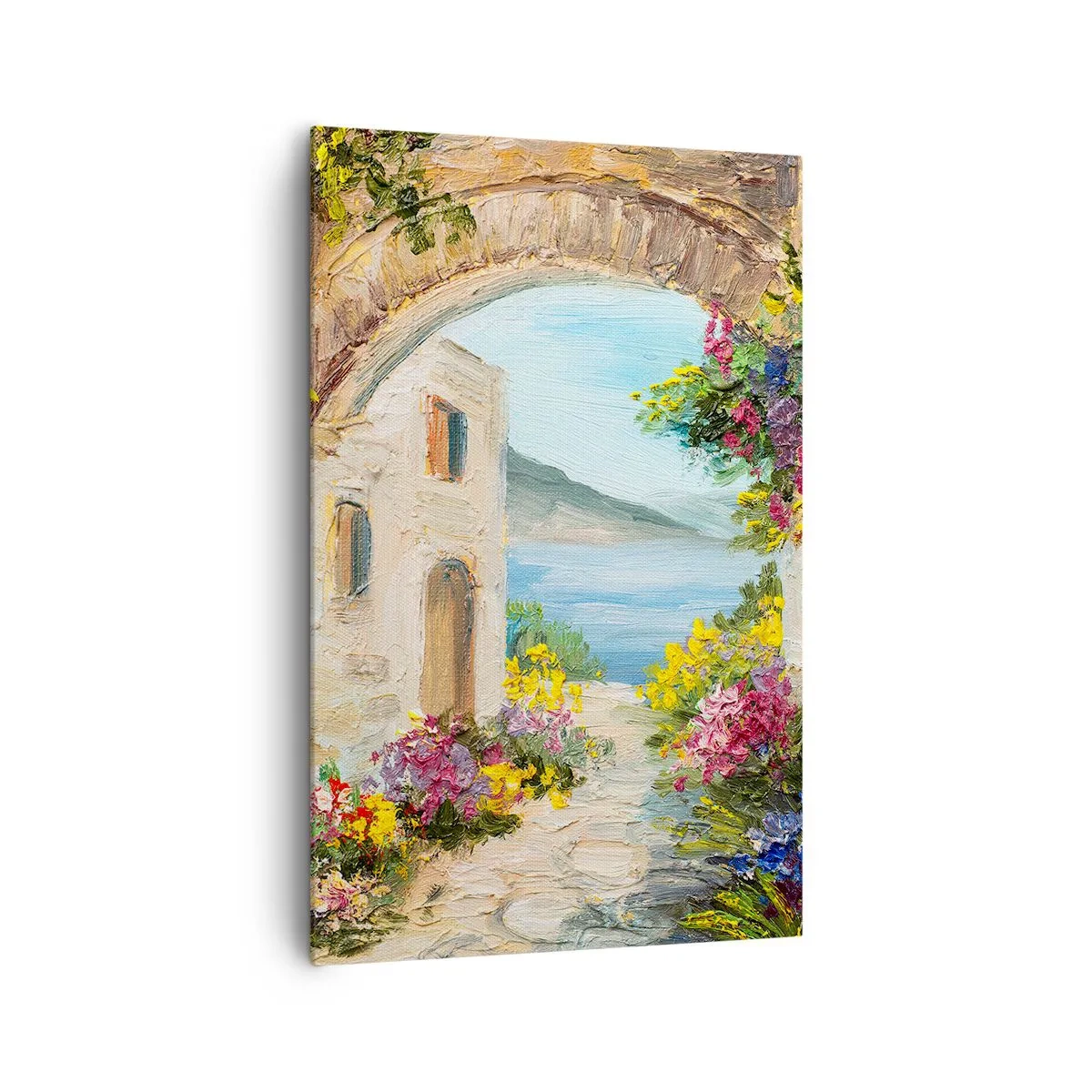 Quadro su tela - Stampe su Tela - Paesaggio marino con edifici in pietra e fiori - 80x120cm - La bellezza della provincia costiera - Decorazione murale moderna per soggiorno e camera da letto ARTTOR