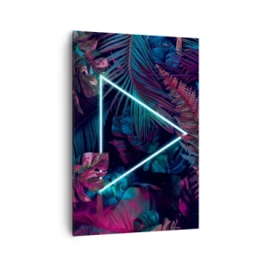 Quadro su tela - Stampe su Tela - Un triangolo al neon circondato da foglie tropicali dai colori scuri. - 70x100cm - Giardino in stile discoteca - Decorazione murale moderna per soggiorno e camera da letto ARTTOR
