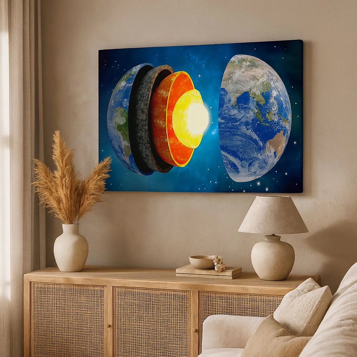 Quadro su tela - Stampe su Tela - Una sezione trasversale della Terra che mostra i suoi strati nello spazio. - 70x50cm - Viaggio al centro della terra - Decorazione murale moderna per soggiorno e camera da letto ARTTOR