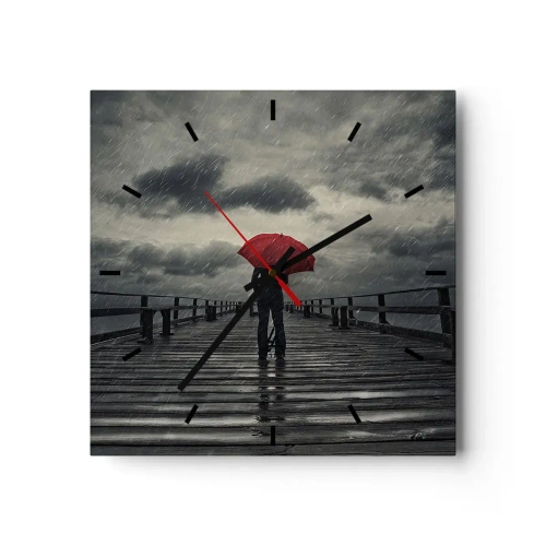 Orologio da parete - Orologio in Vetro - Una persona con un ombrello rosso su un molo piovoso - 30x30cm - Non importa che piove - Decorazione murale moderna per soggiorno e camera da letto ARTTOR
