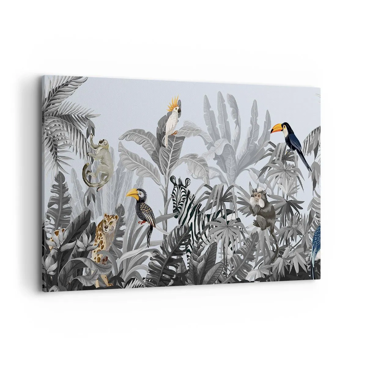 Quadro su tela - Stampe su Tela - Giungla tropicale con animali esotici su sfondo grigio - 100x70cm - Favola africana - Decorazione murale moderna per soggiorno e camera da letto ARTTOR