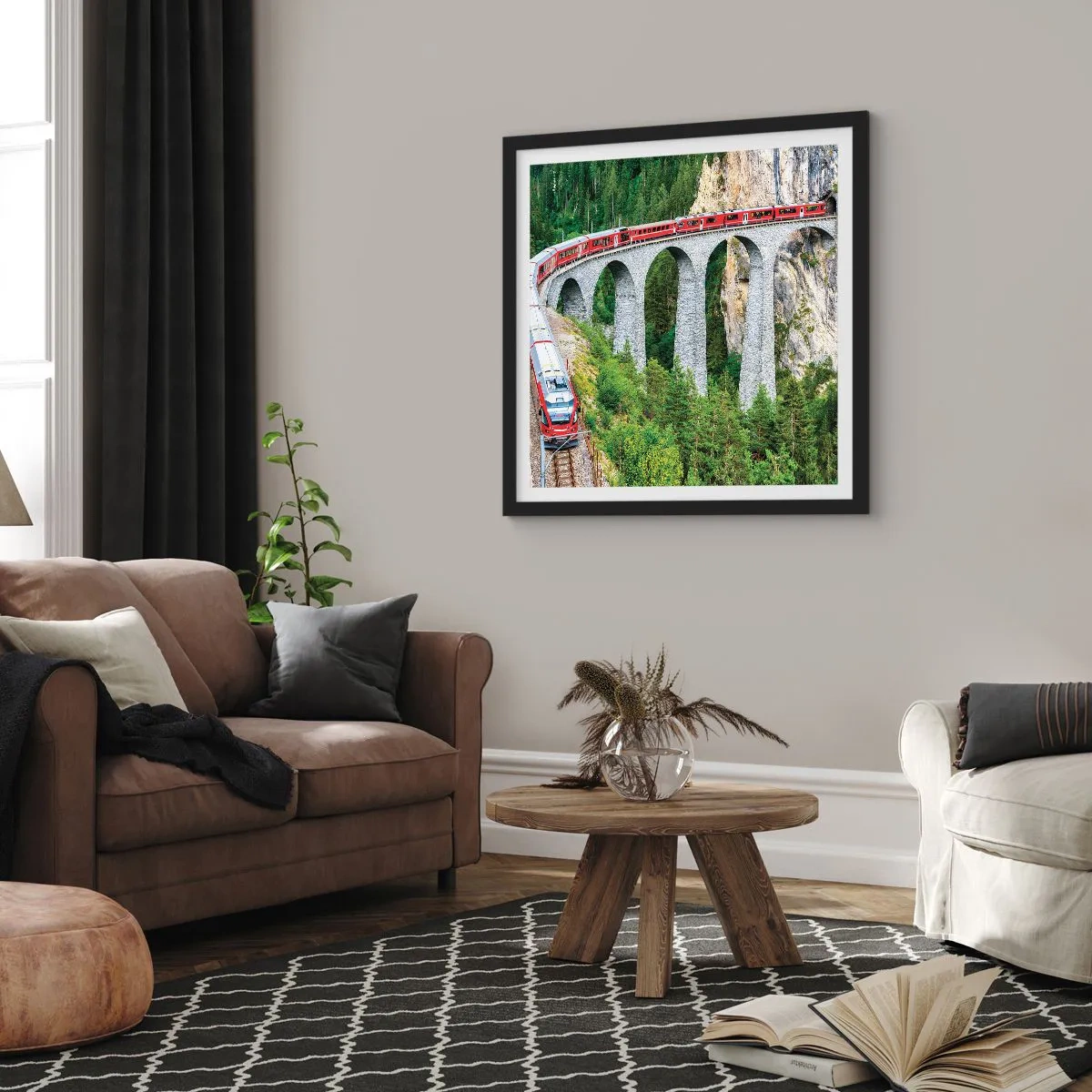 Poster in cornice nera - Il treno tra i monti - 60x60 cm