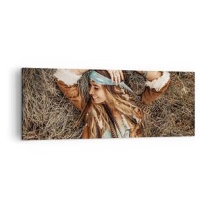 Quadro su tela - Stampe su Tela - Donna in stile boho sdraiata sul fieno - 140x50cm - Verso gli anni dell'amore - Decorazione murale moderna per soggiorno e camera da letto ARTTOR