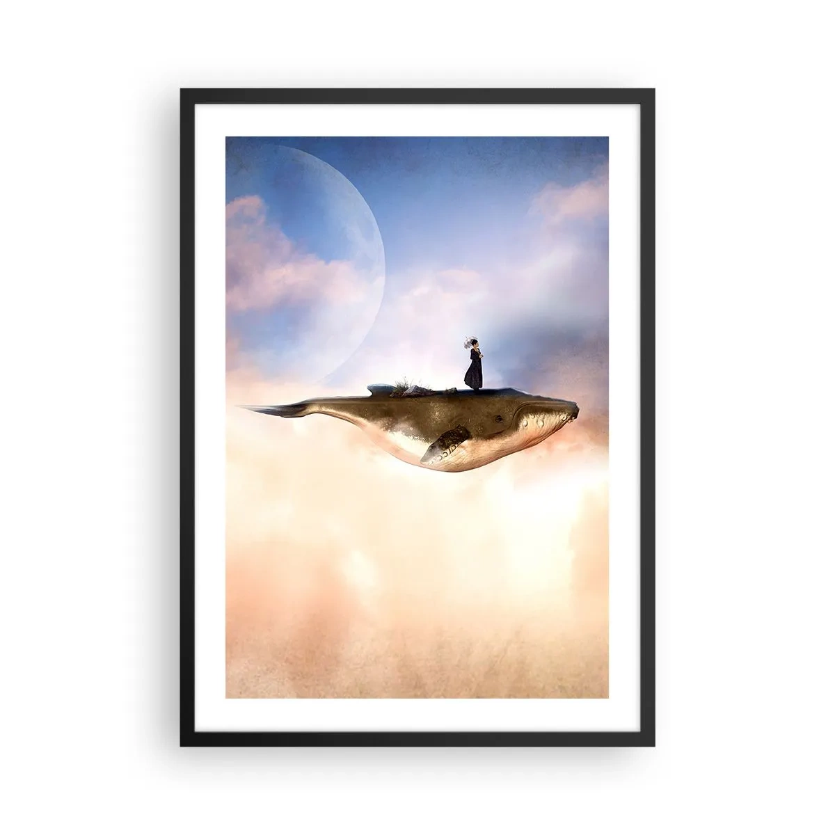 Poster in cornice nera - Un dipinto surreale di una donna che cavalca una balena tra le nuvole. - 50x70cm - Viaggio surreale - Decorazione murale moderna per soggiorno e camera da letto ARTTOR