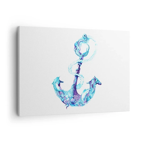 Quadro su tela - Stampe su Tela - Ancora astratta nei toni del blu con dettagli nautici - 70x50cm - La confidente dei segreti del mare - Decorazione murale moderna per soggiorno e camera da letto ARTTOR