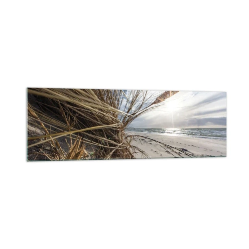 Quadro su vetro - Una spiaggia con erba secca sulle dune e vista sul mare - 160x50cm - L'incontro degli elementi - Decorazione murale moderna per soggiorno e camera da letto ARTTOR