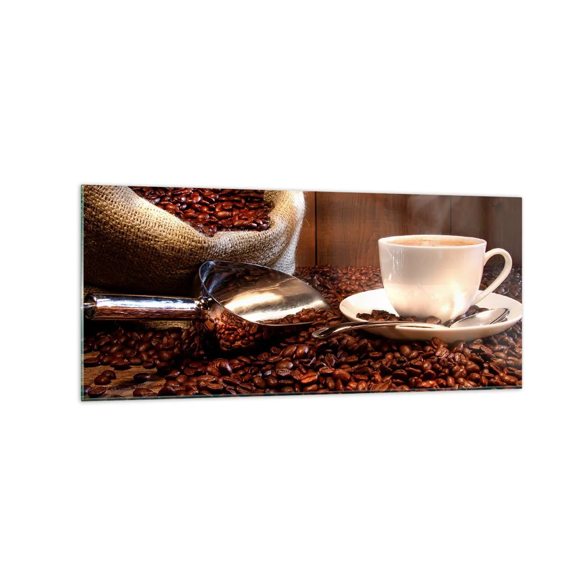 Quadro su vetro - Una tazza di caffè con chicchi di caffè e un sacco di cereali sullo sfondo - 120x50cm - Senti questo odore? - Decorazione murale moderna per soggiorno e camera da letto ARTTOR