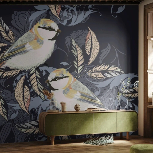 Fotomurali Premium Canvas - Cinguettio oro e blu - Astrazione, Uccelli, Foglie - 350x256 cm