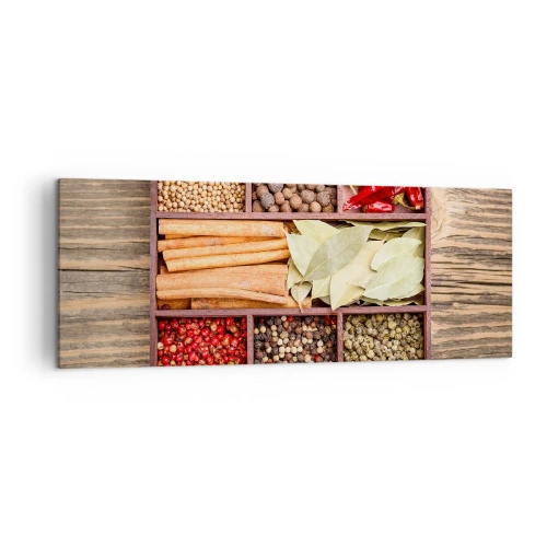 Quadro su tela - Stampe su Tela - Scatola di legno con varie spezie in scomparti - 140x50cm - Ordine delle forme, bouquet degli aromi - Decorazione murale moderna per soggiorno e camera da letto ARTTOR