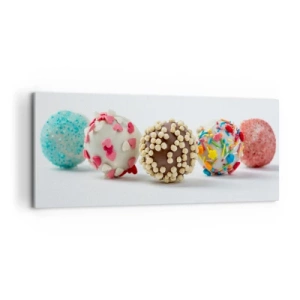 Quadro su tela - Stampe su Tela - Praline colorate con decorazioni su fondo bianco - 120x50cm - La vita può essere dolce - Decorazione murale moderna per soggiorno e camera da letto ARTTOR
