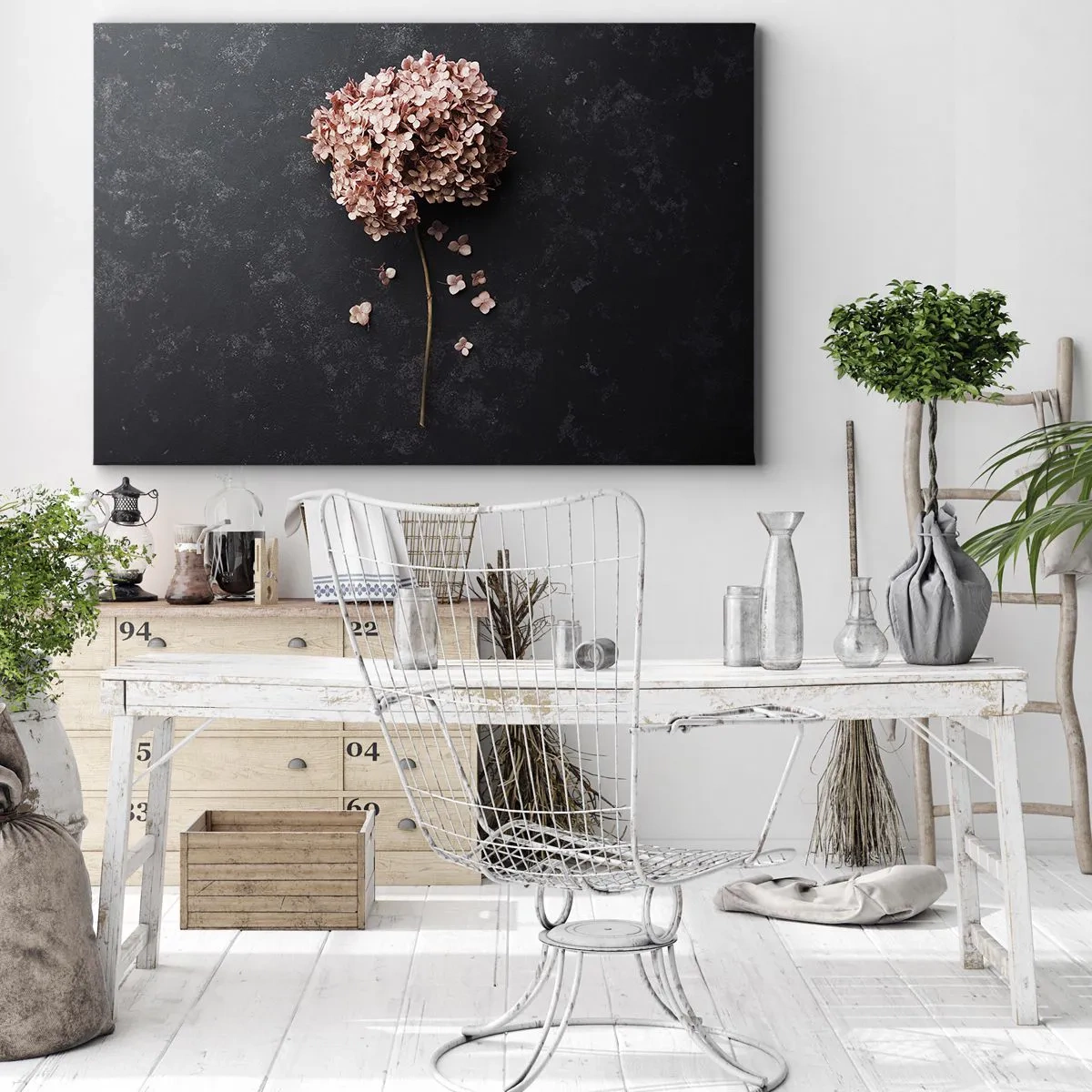 Quadro su tela - Stampe su Tela - Un delicato fiore di ortensia su uno sfondo scuro - 100x70cm - Un vero segno romantico - Decorazione murale moderna per soggiorno e camera da letto ARTTOR