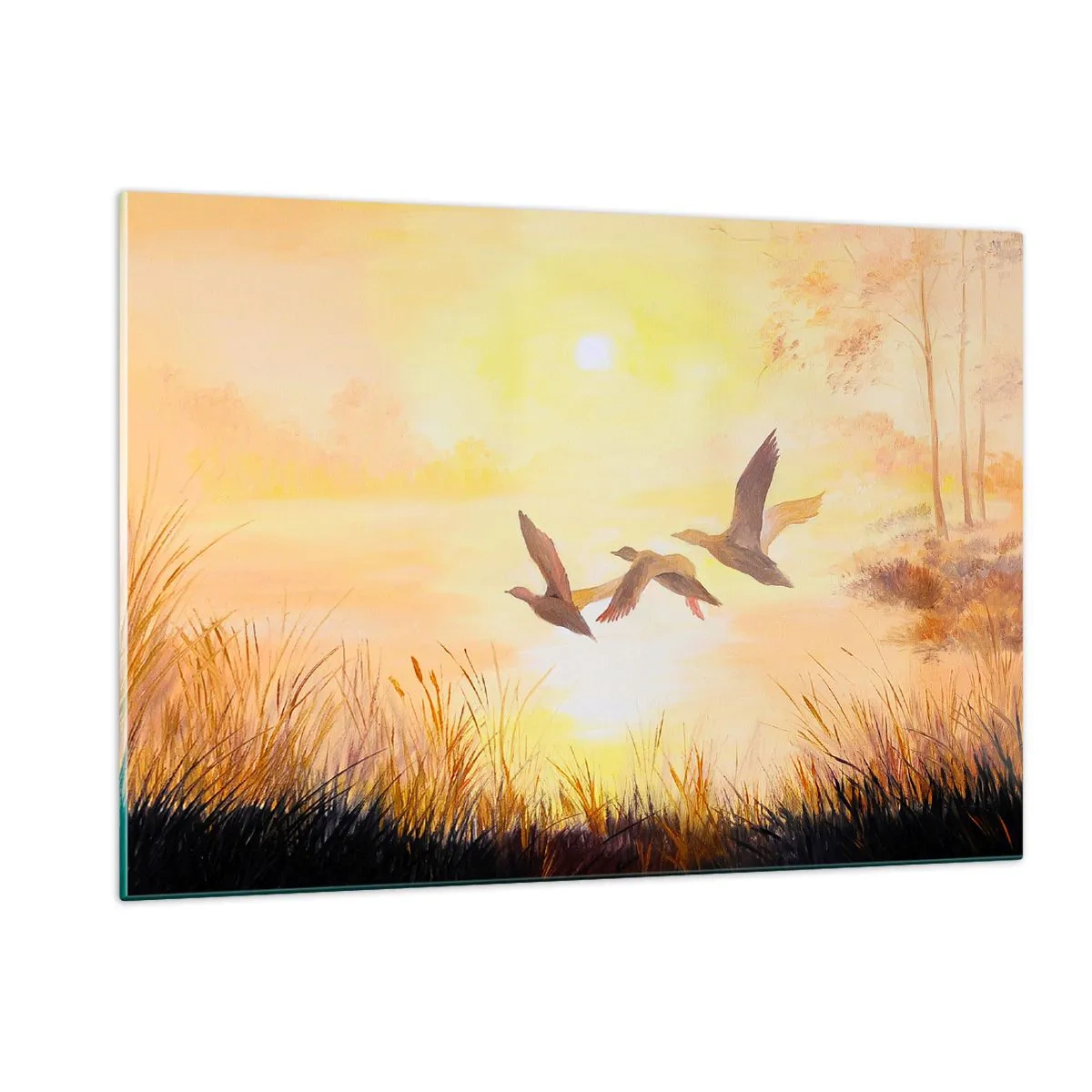 Quadro su vetro - Tre anatre che volano sopra un lago all'alba - 120x80cm - L'inizio di un lungo viaggio - Decorazione murale moderna per soggiorno e camera da letto ARTTOR