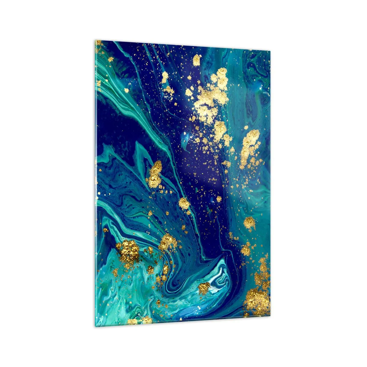 Quadro su vetro - Una composizione astratta con accenti blu, verdi e dorati. - 70x100cm - Petali di sole - Decorazione murale moderna per soggiorno e camera da letto ARTTOR