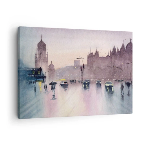 Quadro su tela - Stampe su Tela - Una strada cittadina al crepuscolo in stile acquerello - 70x50cm - Nella nebbia piovigginosa - Decorazione murale moderna per soggiorno e camera da letto ARTTOR