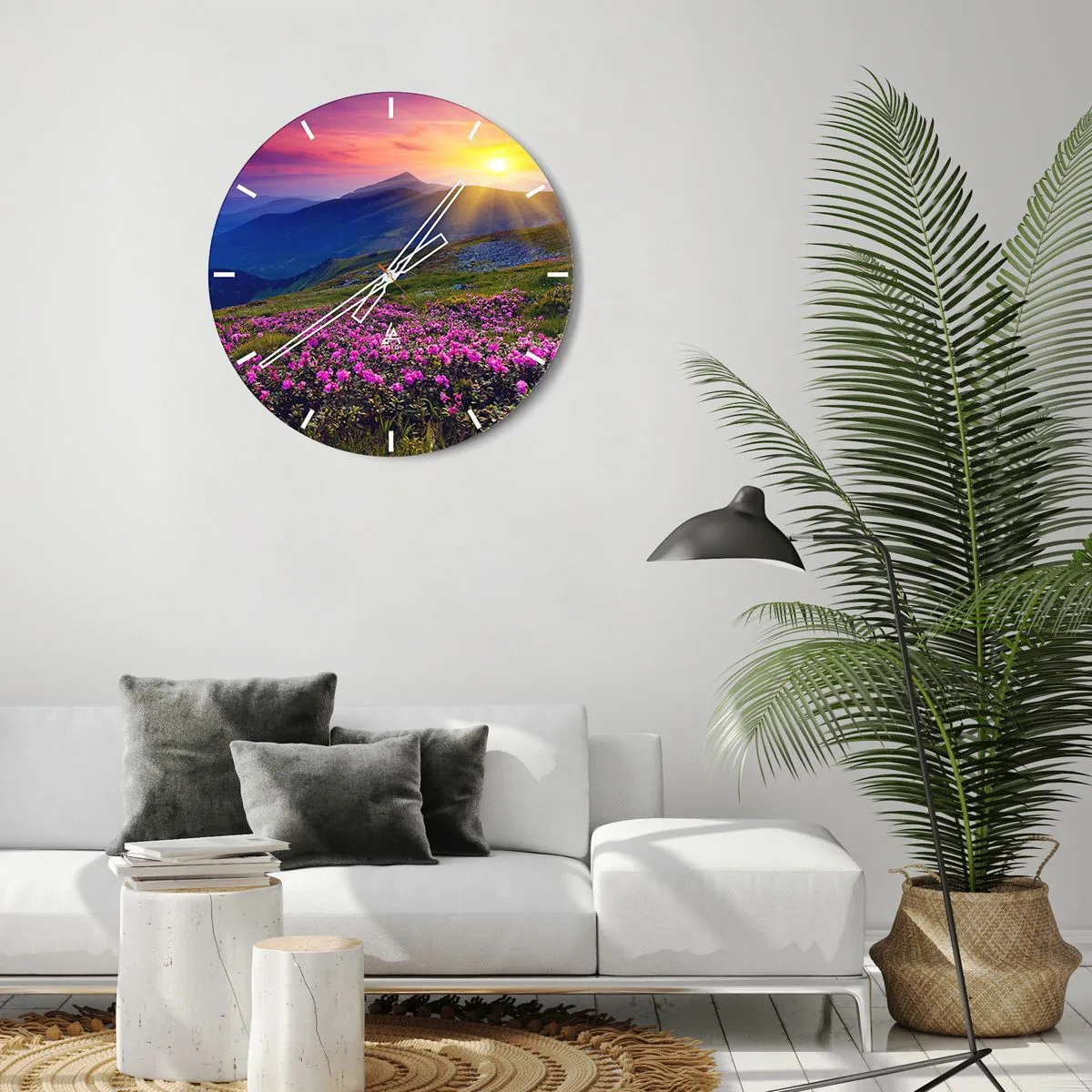 Orologio da parete - Orologio in Vetro - Paesaggio montano al tramonto con fiori in fiore - 30x30cm - Odore di mugo e profumo di erbe - Decorazione murale moderna per soggiorno, cucina e camera da letto ARTTOR
