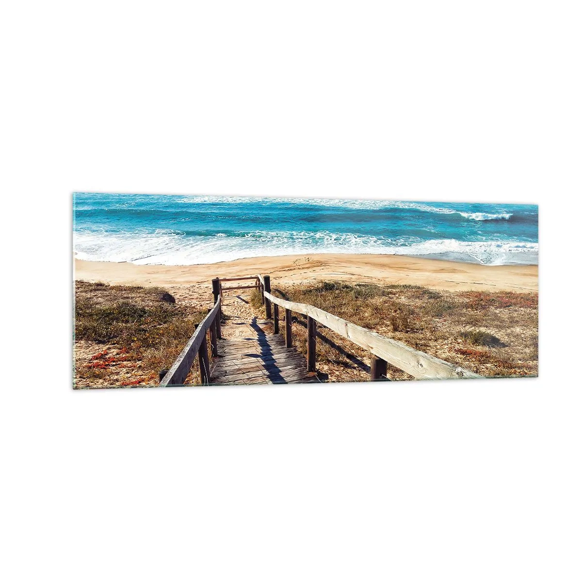 Quadro su vetro - Sentiero in legno che conduce alla spiaggia - 140x50cm - Corri! - Decorazione murale moderna per soggiorno e camera da letto ARTTOR