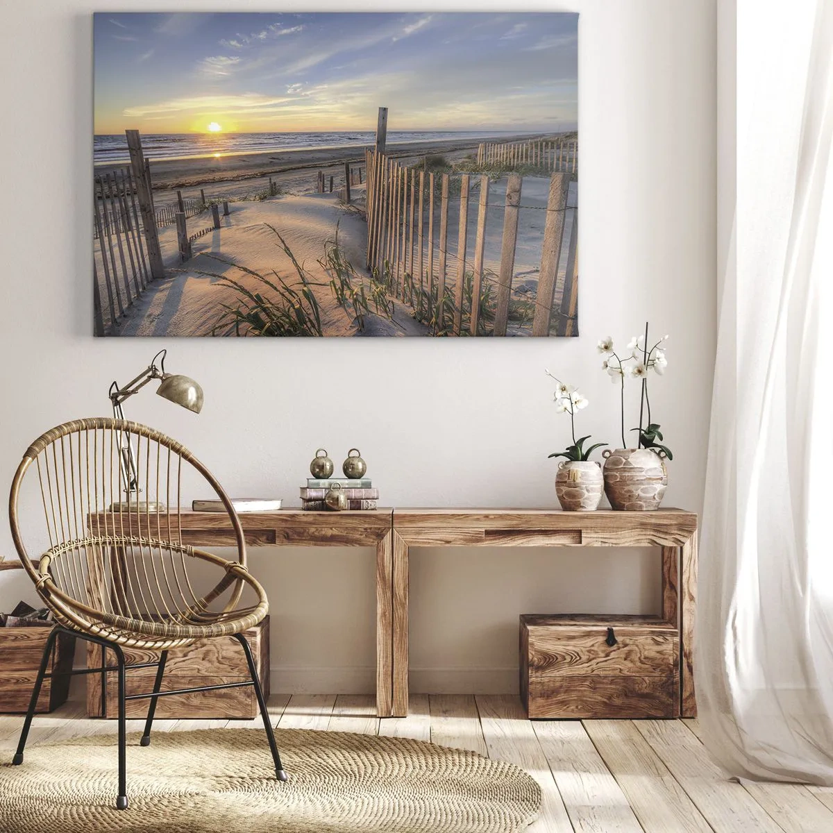 Quadro su tela - Stampe su Tela - Spiaggia al tramonto con recinzione in legno - 120x80cm - Luci e ombre del vento - Decorazione murale moderna per soggiorno e camera da letto ARTTOR