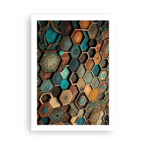 Poster - Una composizione geometrica di esagoni in una palette di colori oro e turchese. - 50x70cm - Decorazioni arabe: variazione - Decorazione murale moderna per soggiorno e camera da letto ARTTOR