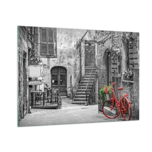 Quadro su vetro - Strada bianca e nera con una bicicletta rossa - 100x70cm - Angolo toscano - Decorazione murale moderna per soggiorno e camera da letto ARTTOR