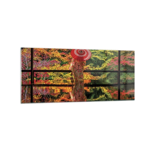 Quadro su vetro - Una donna in kimono con un ombrello sullo sfondo di un paesaggio autunnale. - 120x50cm - Nel tempio della natura - Decorazione murale moderna per soggiorno e camera da letto ARTTOR