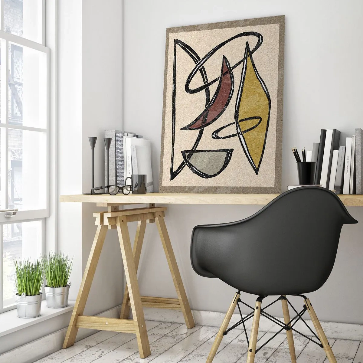 Quadro su vetro - Astrazione geometrica in giallo e rosso - 50x70cm - Verticali e orizzontali - Decorazione murale moderna per soggiorno e camera da letto ARTTOR