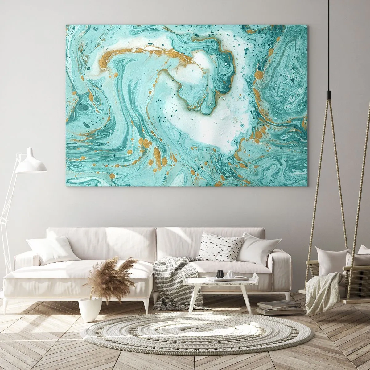 Quadro su vetro - Motivo in stile marmo turchese e oro - 100x70cm - La grande onda del periodo Edo - Decorazione murale moderna per soggiorno e camera da letto ARTTOR