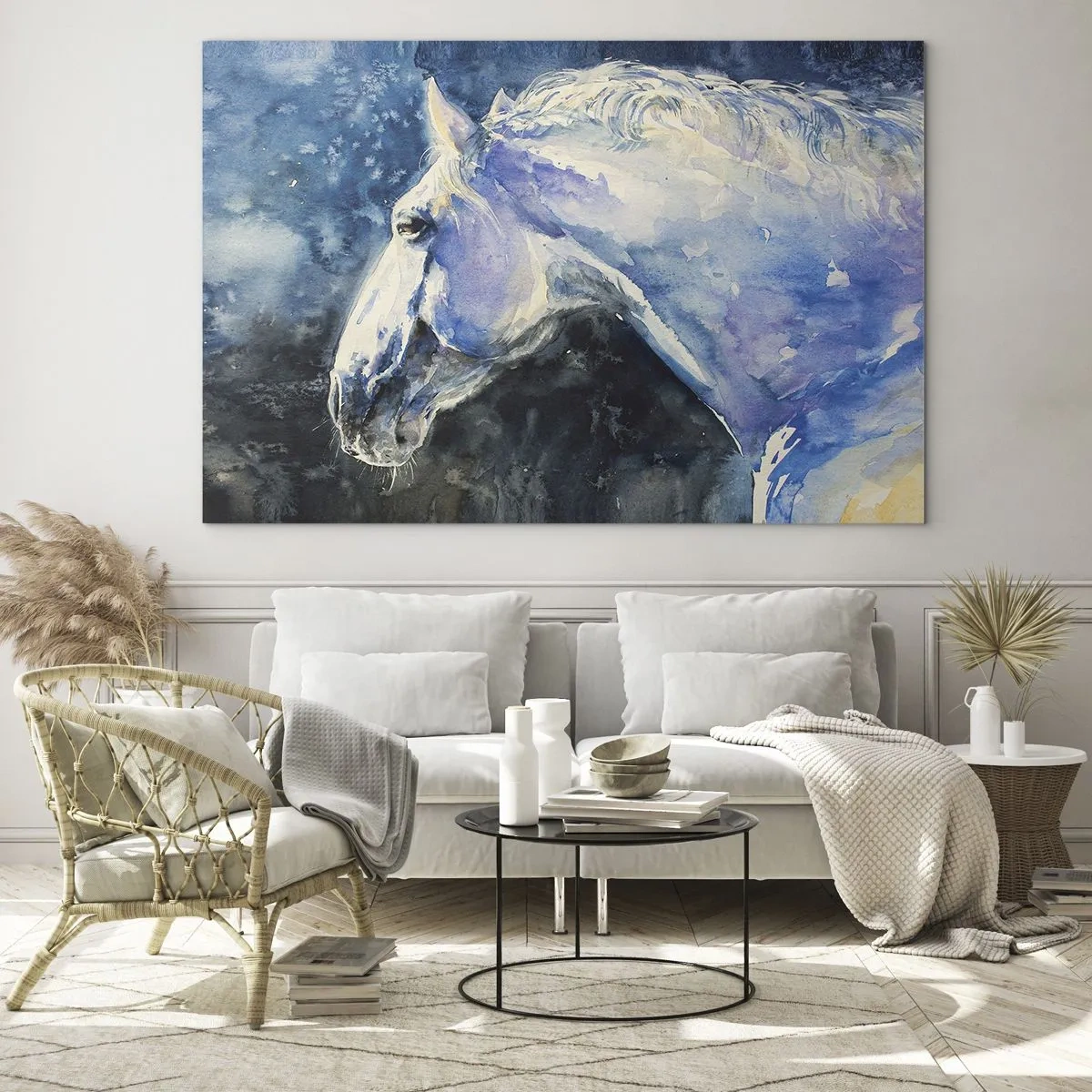 Quadro su vetro - Ritratto ad acquerello di un cavallo nei toni del blu - 70x50cm - Ritratto in luce blu - Decorazione murale moderna per soggiorno e camera da letto ARTTOR