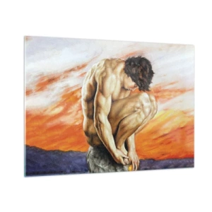 Quadro su vetro - Un corpo umano nudo contro un cielo di un arancione intenso. - 100x70cm - Immerso in se stesso - Decorazione murale moderna per soggiorno e camera da letto ARTTOR