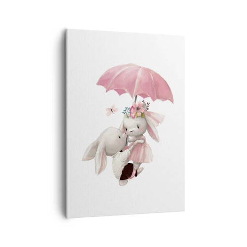 Quadro su tela - Stampe su Tela - Coniglietti carini sotto un ombrello rosa - 50x70cm - Questo è proprio amore - Decorazione murale moderna per soggiorno e camera da letto ARTTOR