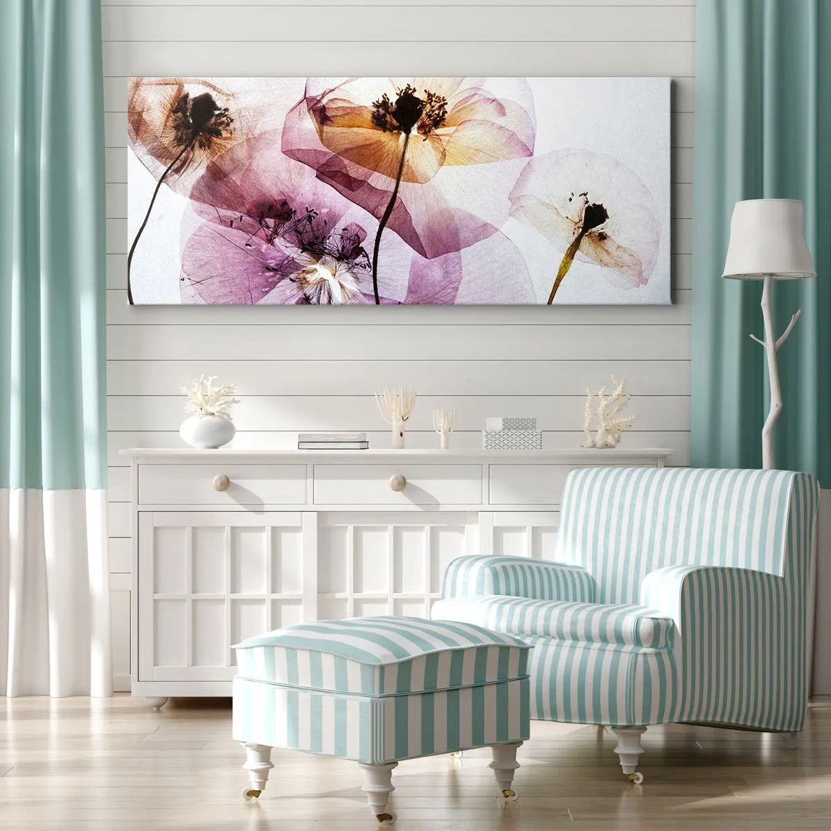 Quadro su tela - Stampe su Tela - Delicati fiori trasparenti in tonalità pastello - 140x50cm - Fiori trasparenti - Decorazione murale moderna per soggiorno e camera da letto ARTTOR