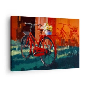 Quadro su tela - Stampe su Tela - Una bicicletta rossa con fiori contro un muro arancione - 70x50cm - I want to ride my bicycle - Decorazione murale moderna per soggiorno e camera da letto ARTTOR