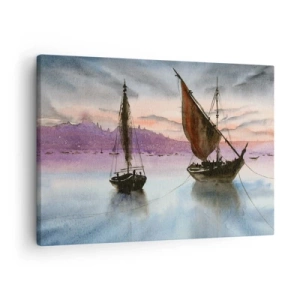 Quadro su tela - Stampe su Tela - Due velieri ormeggiati in acque calme al tramonto - 70x50cm - La sera nel porto - Decorazione murale moderna per soggiorno e camera da letto ARTTOR
