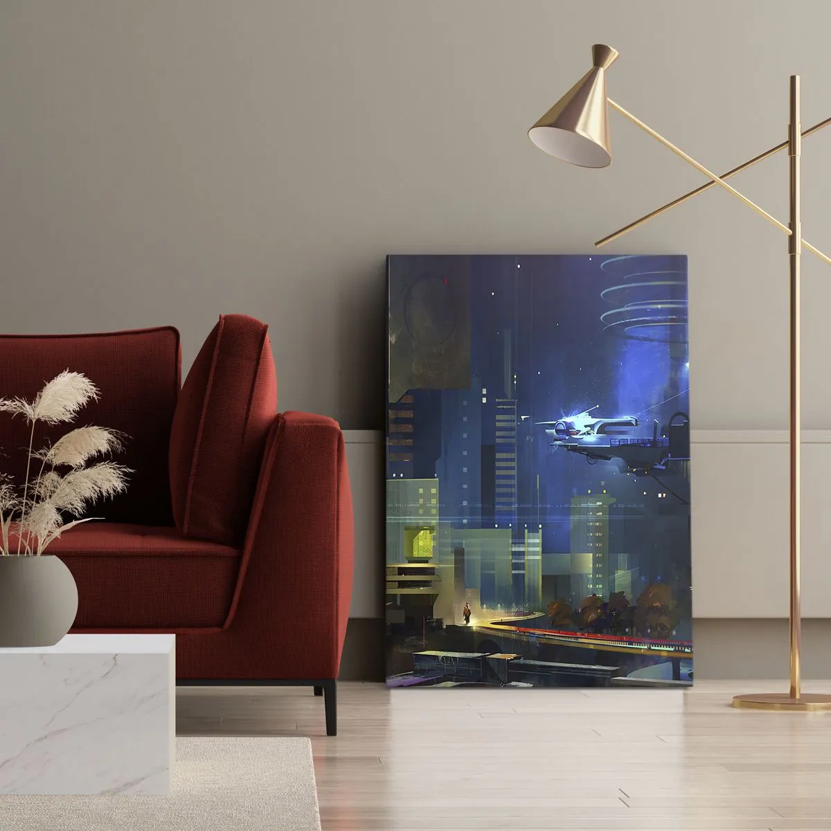 Quadro su tela - Stampe su Tela - Città futuristica di notte con luci al neon e un veicolo volante - 80x120cm - In un futuro non lontano - Decorazione murale moderna per soggiorno e camera da letto ARTTOR