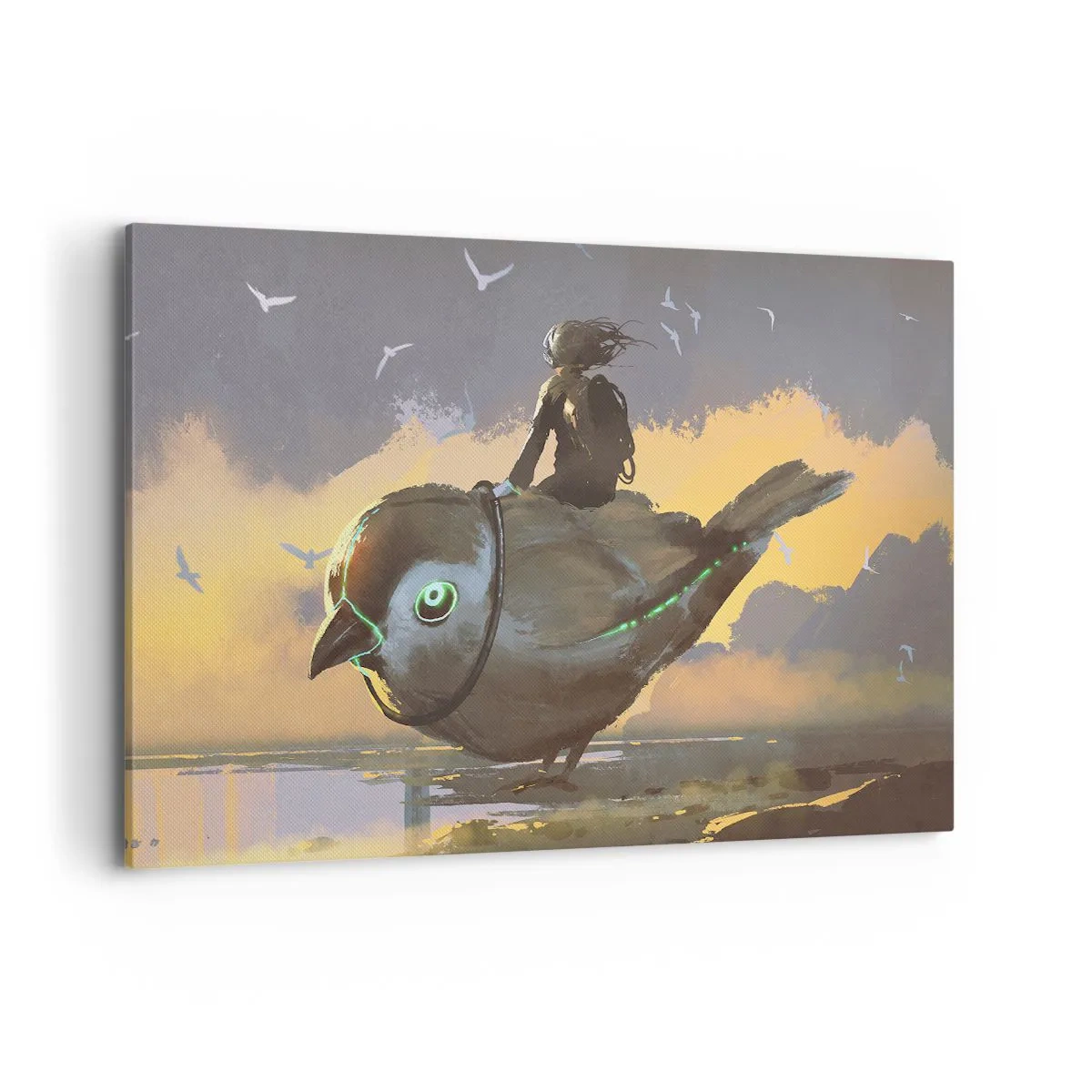 Quadro su tela - Stampe su Tela - Cavaliere su un uccello gigante in un paesaggio surreale - 120x80cm - La sosta di un viaggio fantastico - Decorazione murale moderna per soggiorno e camera da letto ARTTOR