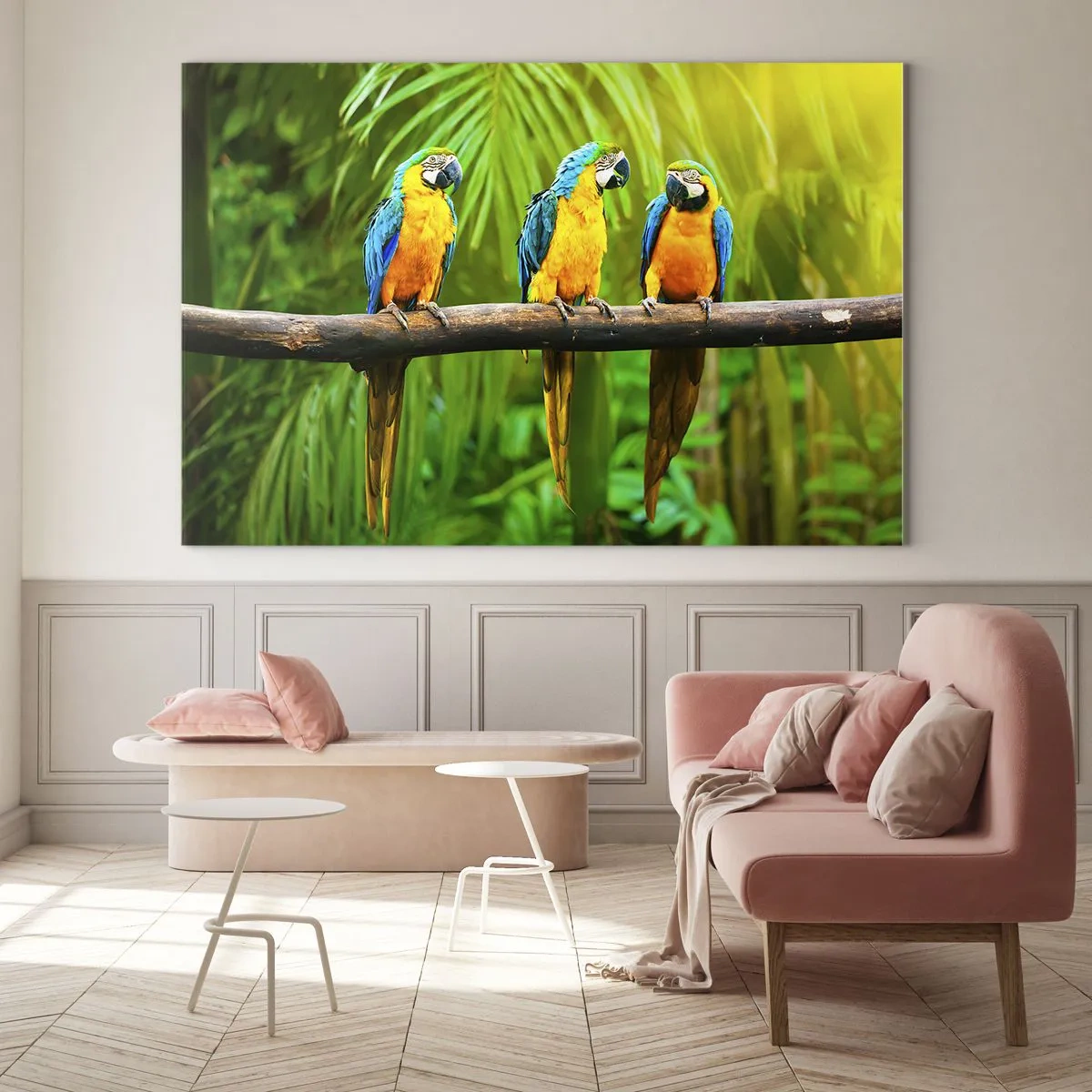 Quadro su vetro - Tre pappagalli ara su un ramo in una foresta tropicale - 100x70cm - Hai sentito che ha fatto? - Decorazione murale moderna per soggiorno e camera da letto ARTTOR