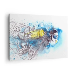 Quadro su tela - Stampe su Tela - Scena subacquea con un subacqueo e pesci esotici - 70x50cm - Il grande blu - Decorazione murale moderna per soggiorno e camera da letto ARTTOR