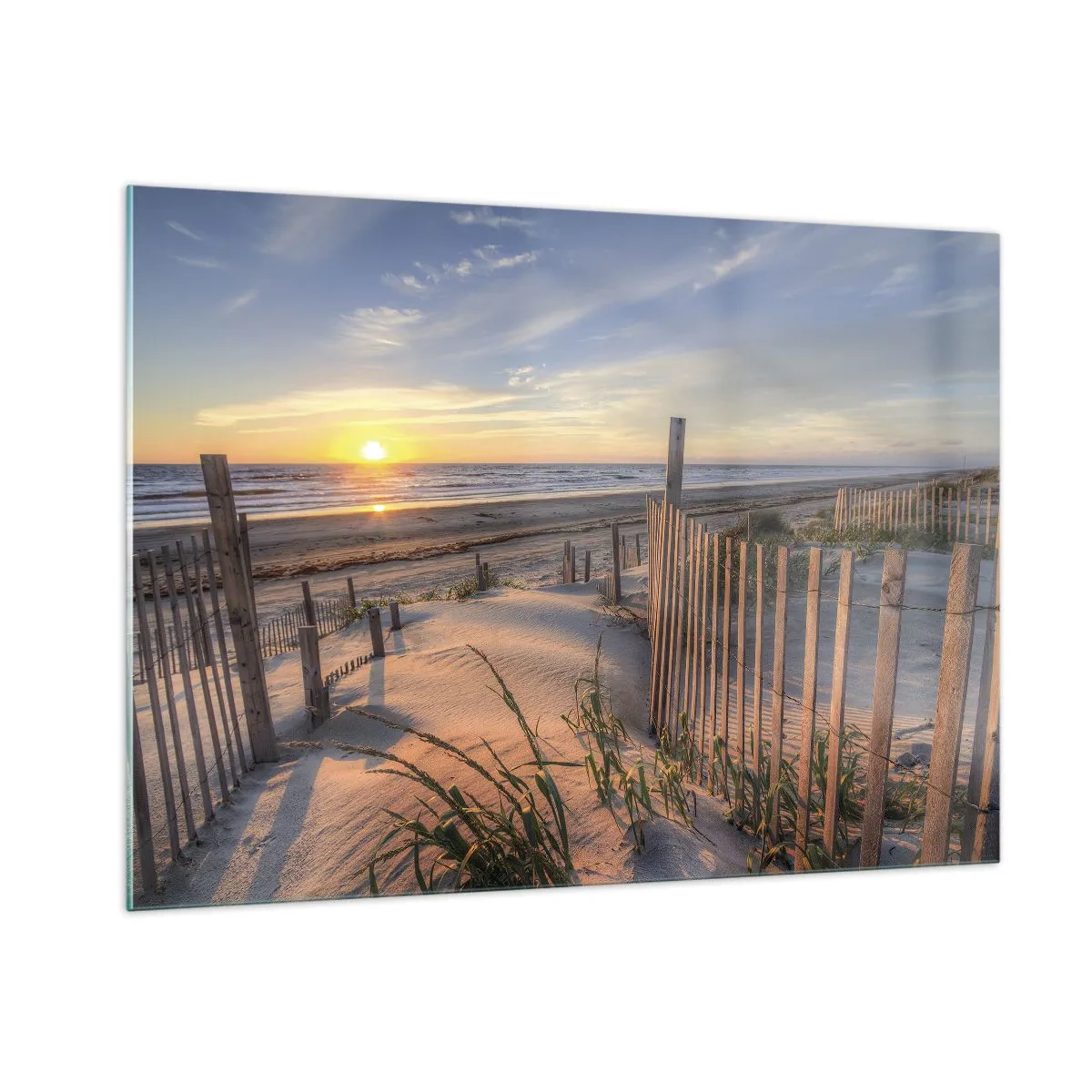 Quadro su vetro - Spiaggia con dune al tramonto - 100x70cm - Luci e ombre del vento - Decorazione murale moderna per soggiorno e camera da letto ARTTOR