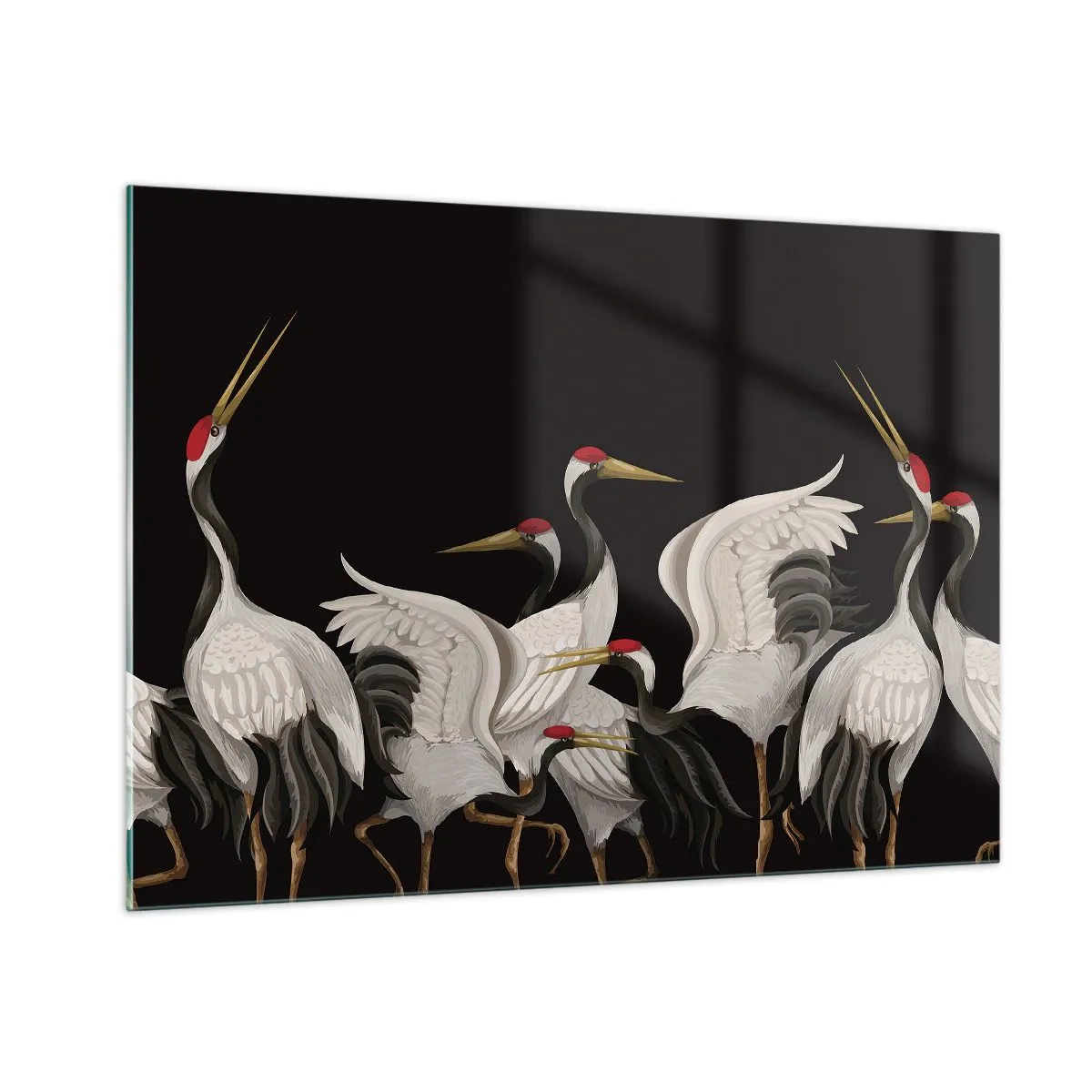 Quadro su vetro - Gru bianche con testa rossa su sfondo nero - 100x70cm - Cose da uccelli - Decorazione murale moderna per soggiorno e camera da letto ARTTOR
