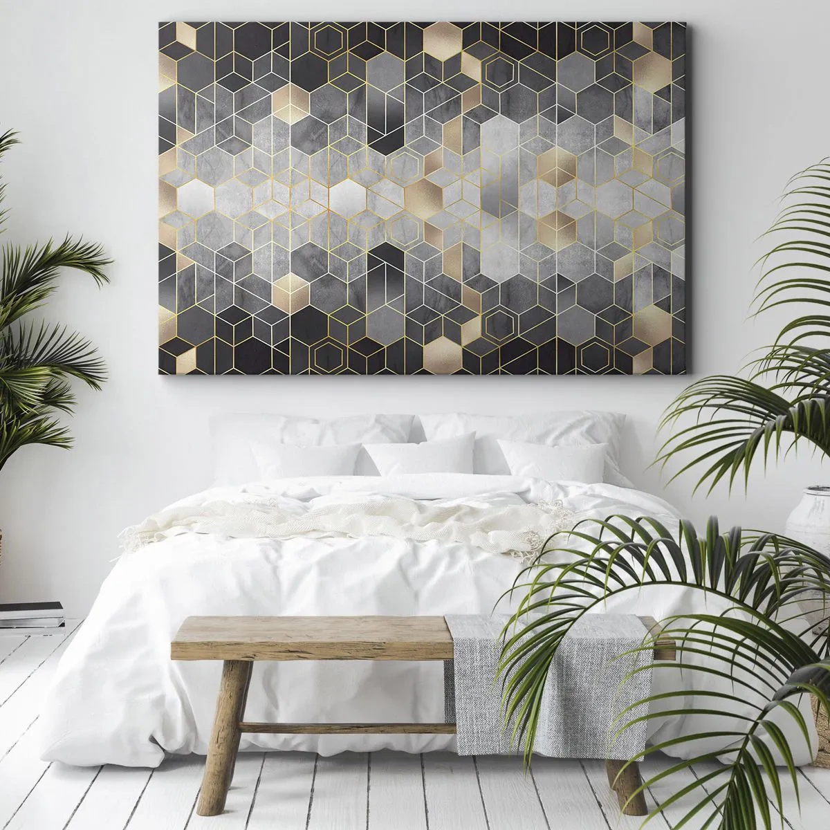 Quadro su tela - Stampe su Tela - Motivo geometrico in tonalità dorate - 70x50cm - Composizione di diamante - Decorazione murale moderna per soggiorno e camera da letto ARTTOR
