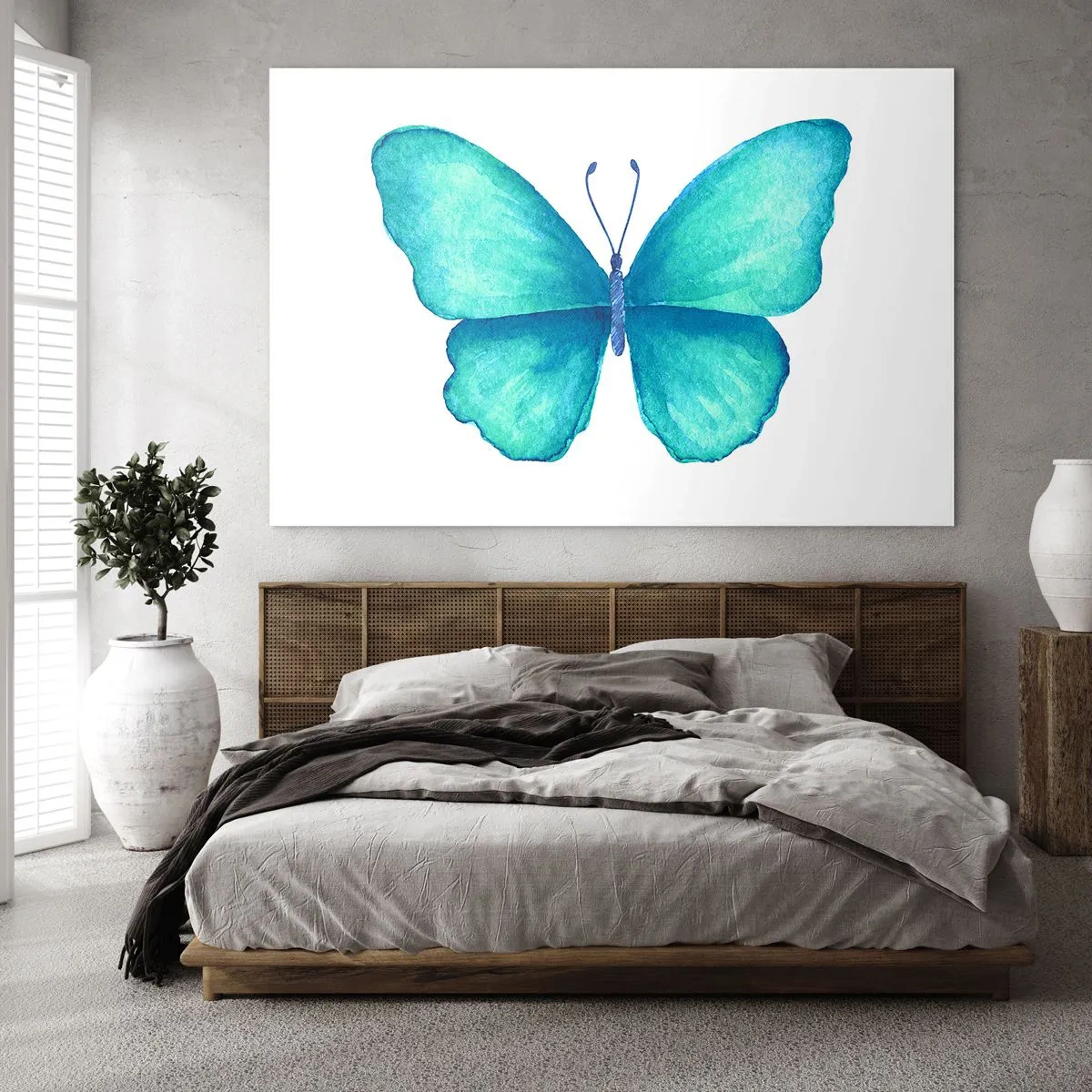 Quadro su vetro - Farfalla blu in stile acquerello su sfondo bianco - 100x70cm - Turchese di natura - Decorazione murale moderna per soggiorno e camera da letto ARTTOR