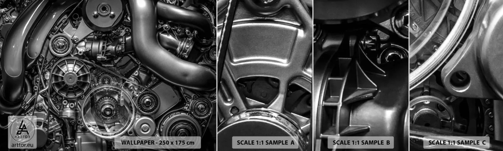 Campione Di Fotomurale Standard Eco - La poesia della meccanica - Motore, Meccanico, Metallo - 100x30 cm