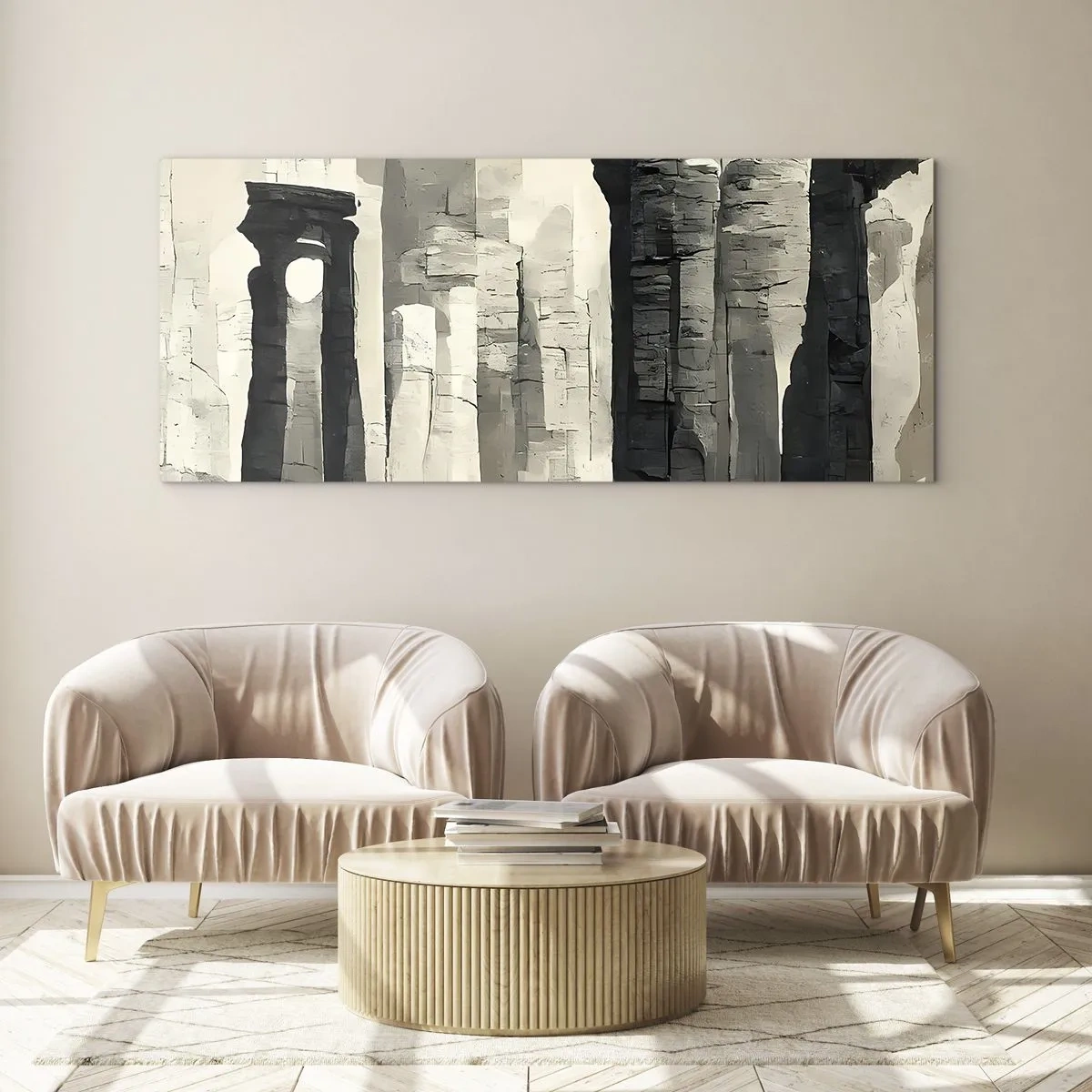 Quadro su vetro - Colonne storiche in un ambiente monocromatico suggestivo - 160x50cm - La maestà dell'antichità - Decorazione murale moderna per soggiorno e camera da letto ARTTOR