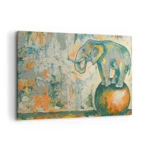 Quadro su tela - Stampe su Tela - Un elefante in equilibrio su una palla in stile artistico - 120x80cm - Evviva il circo! - Decorazione murale moderna per soggiorno e camera da letto ARTTOR
