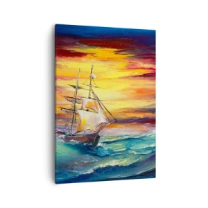 Quadro su tela - Stampe su Tela - Una nave a vela sullo sfondo di un tramonto colorato - 50x70cm - Temerari sulle onde - Decorazione murale moderna per soggiorno e camera da letto ARTTOR