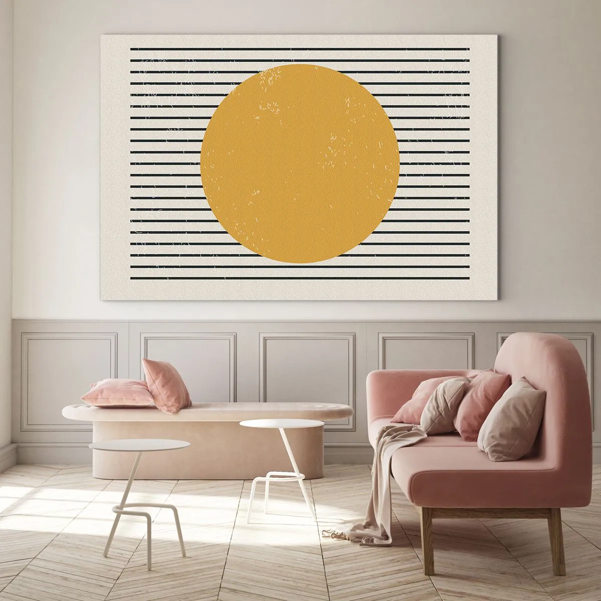 Quadro su vetro - Un cerchio arancione su uno sfondo di linee nere orizzontali su sfondo beige. - 70x50cm - La forza della semplicità - Decorazione murale moderna per soggiorno e camera da letto ARTTOR