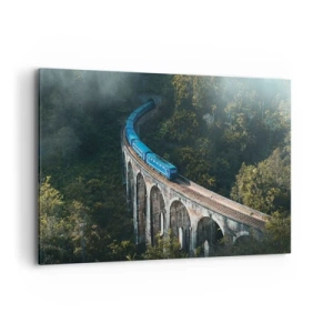 Quadro su tela - Stampe su Tela - Un treno blu su un viadotto storico tra le foreste - 120x80cm - Attrazione della natura - Decorazione murale moderna per soggiorno e camera da letto ARTTOR