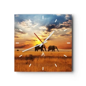 Orologio da parete - Orologio in Vetro - Elefanti nella savana al tramonto - 30x30cm - Passeggiata familiare - Decorazione murale moderna per soggiorno e camera da letto ARTTOR